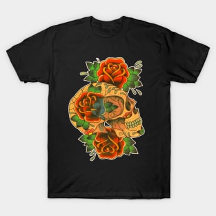 Skull and Roses Tattoo Style Design T-Shirt